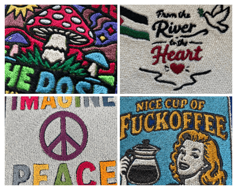 Verschiedene gestickte Wunschmotive von Patches gegen Rechts – Beispiele für antifaschistische Patch-Motive